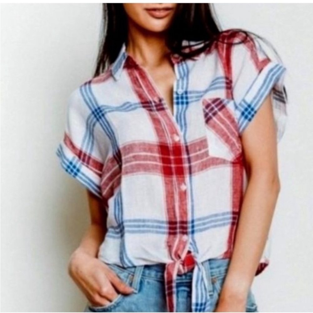 RAILS PLAID CROPPED TIE SHIRT AMELIE‎ CARMINE BLUE WHITE JULY 4 IVY LEAGUE PREP